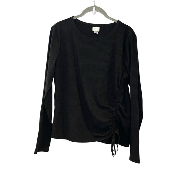 A New Day Women’s Black Tee Top Blouse Pull‎ Drawstring Tie Ruched Ribbed L - Picture 1 of 4